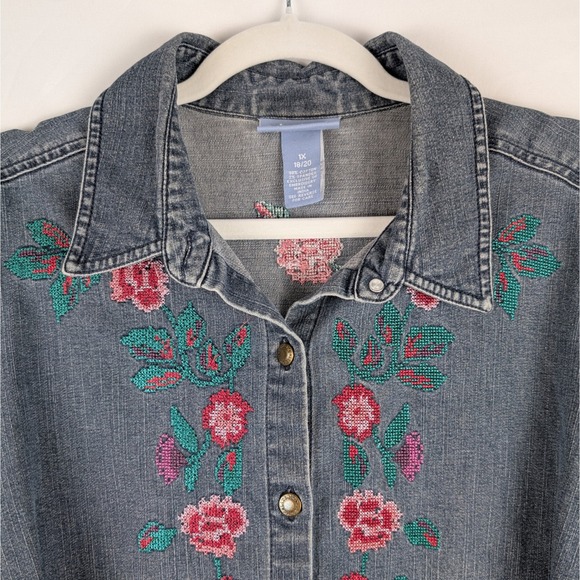 Liz & Me Denim Embroidered Floral Button Down Long Sleeve Shirt 1X XL 90s Boho - Picture 1 of 8